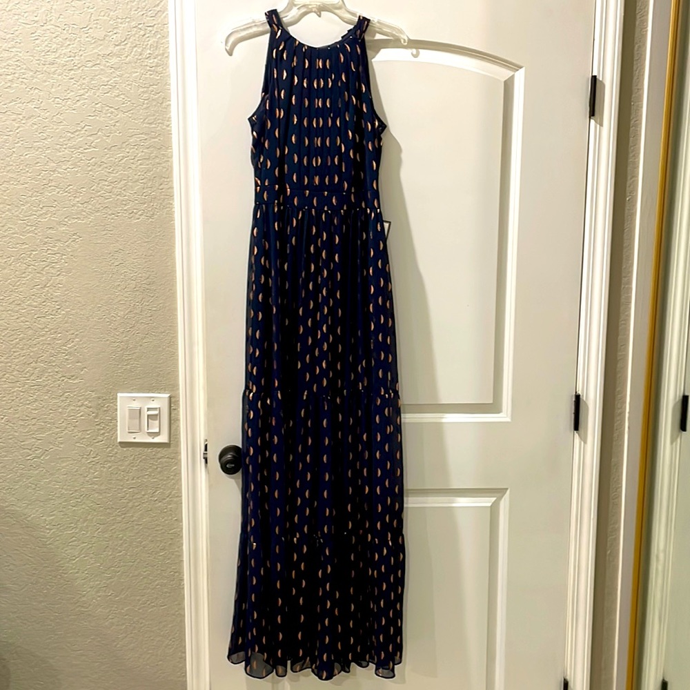 Blue and gold halter dress